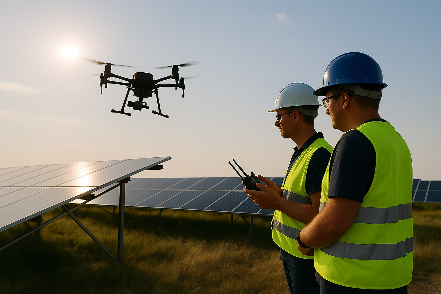 Professionelle Drohne mit Dual-Thermalkamera im Einsatz über einer Photovoltaikanlage